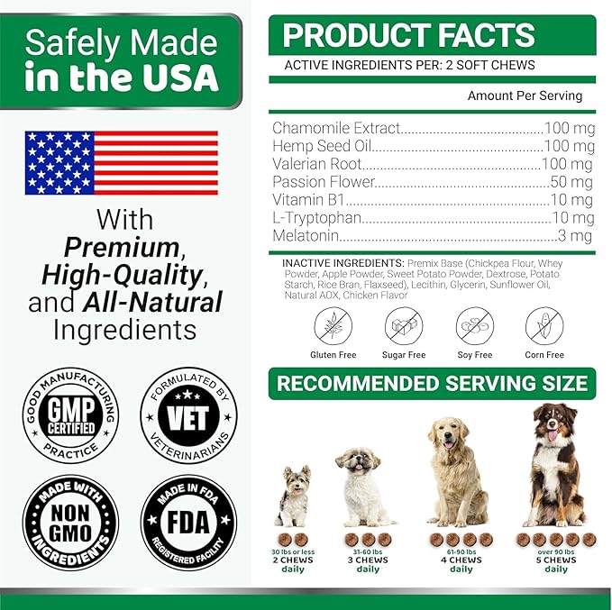 Advanced Calming Chews for Dogs - Hemp Dog Calming Chews - Anxiety Relief Treats with Melatonin, Hemp Oil - Separation Aid, Stress, Hip and Joint Supplement for Canine Health Support - Made in USA
