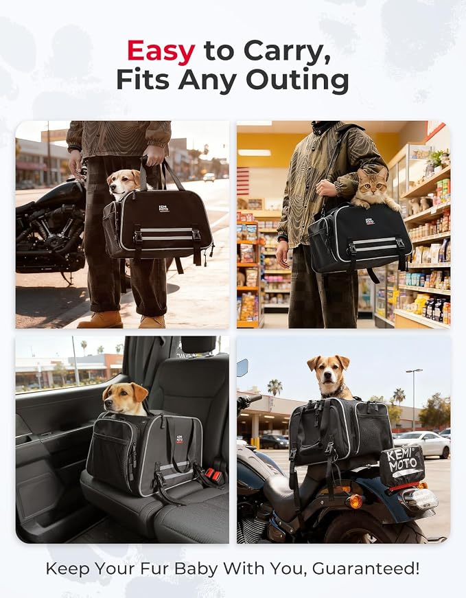 KEMIMOTO Motorcycle Dog Carrier Expandable for Small Dog & Cats Under 17lbs | Fit for Motorcycle Luggage Rack or Passenger Seat, Airline Approved Pet Carrier with Shoulder Strap, Folding & Portable