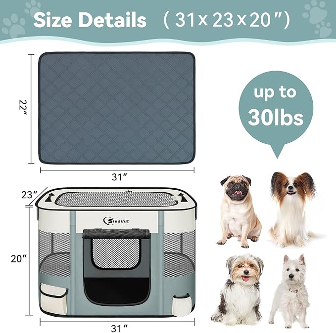 Siedihit Dog Playpen, Cat Pet Puppy Crate, Portable Playpens Indoor Outdoor (Grey with Pad, Medium)