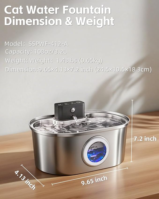 Cordless 3.2L/108oz Stainless Steel Cat Water Fountain Pet Fountain | Rechargeable Pet Water Dispenser - Motion Sensor Activation - Multi-Layer Filtration - Ultra-Quiet Pump