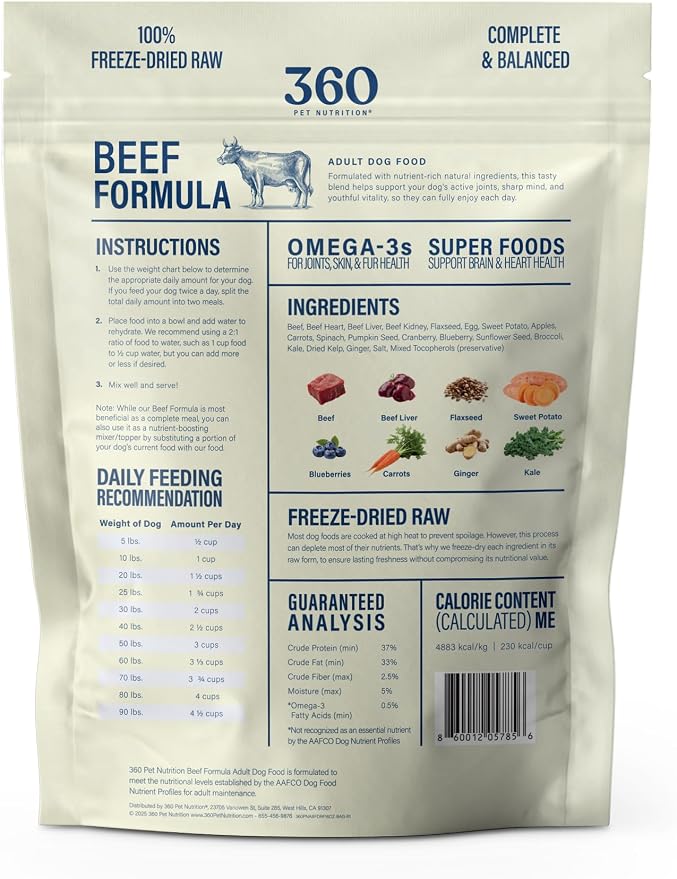 360 Pet Nutrition Freeze-Dried Raw Dog Food – Beef Recipe with Liver & Organs, High Protein with Omega-3s, Fruits, Veggies & Superfoods, Grain-Free, No Fillers, 1 lb – Made in USA