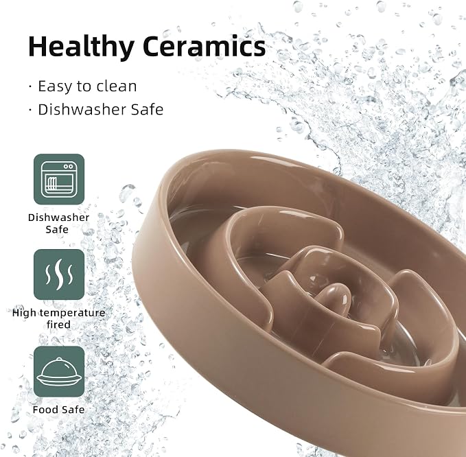 Havniva Elevated Slow Feeder Dog Bowls, Ceramic Dog Bowl Slow Feeder Set | 1.6 Cups Raised Slow Feeder Dog Bowl for Medium Breed, 7.3” Dog Water Bowl with Wooden Stand, Puzzle Dog Food Bowl, Non-slip