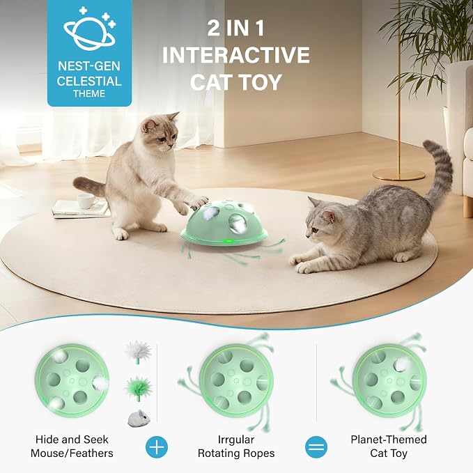 Pawingcat Automatic Cat String Toy 6 Holes Whack a Mole Cat Toy with Plush Running Cat Mouse Toy Hide and Seek Interactive Cat Toys for Indoor Cats(Green)