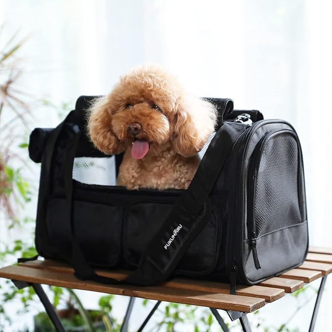 FUKUMARU Cat Carrier, Airline Approved Dog Carrier with Rollable Cover | Breathable Soft Cat Carrier, Multiple Doors & Storage Pockets Cat Travel Bag, Durable Pet Carrier for Cat Under 15 lb, Black