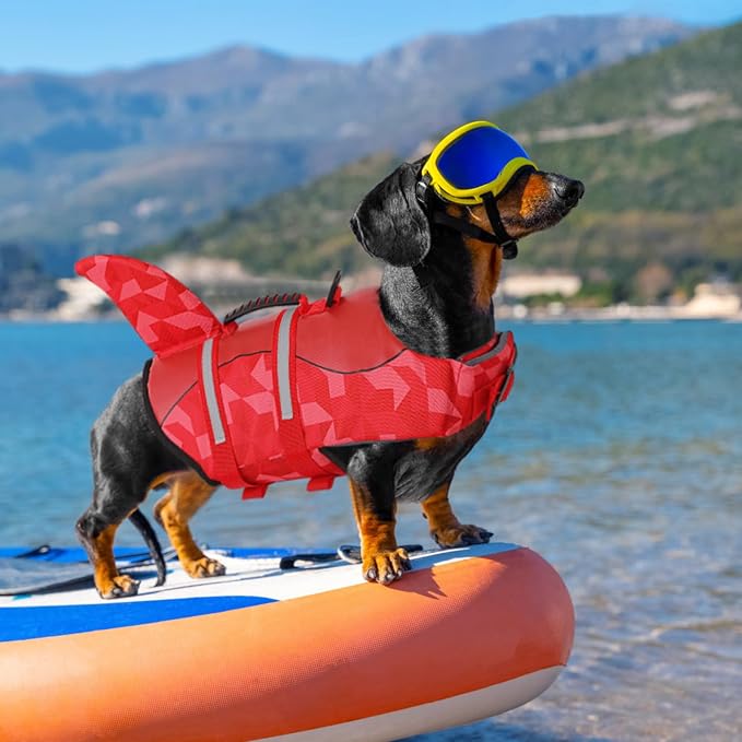 Shark Dog Life Jacket, LifeVests for Boating, High Buoyant Dog Life Vest for Swimming, Adjustable Easy On Pet Jackets for Small, Medium, Large Dogs (Red Triangle,M)