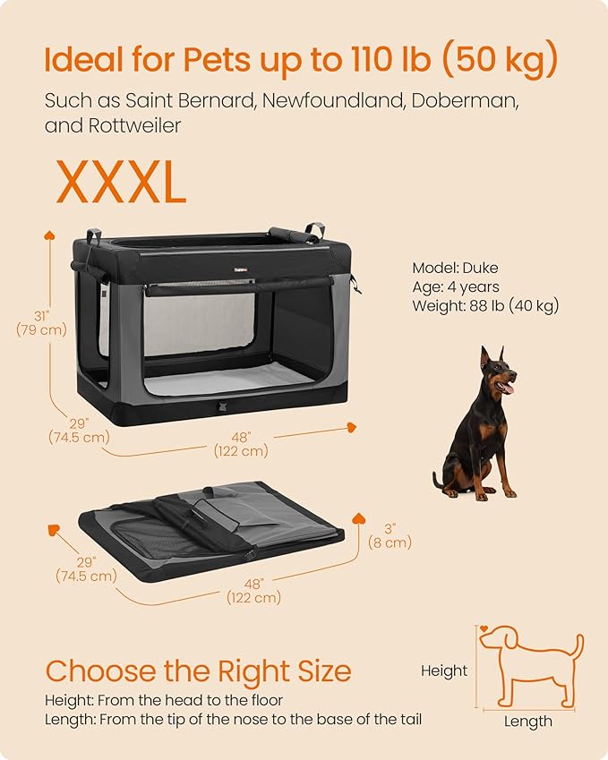 Feandrea Collapsible Dog Crate, Portable Oxford Fabric Pet Carrier, 48-Inch | For Extra Large Dogs, 4 Mesh Doors, Handles, Storage Pocket, Water Bottle Holder, Black and Gray BAX Collection UPDC022BH01