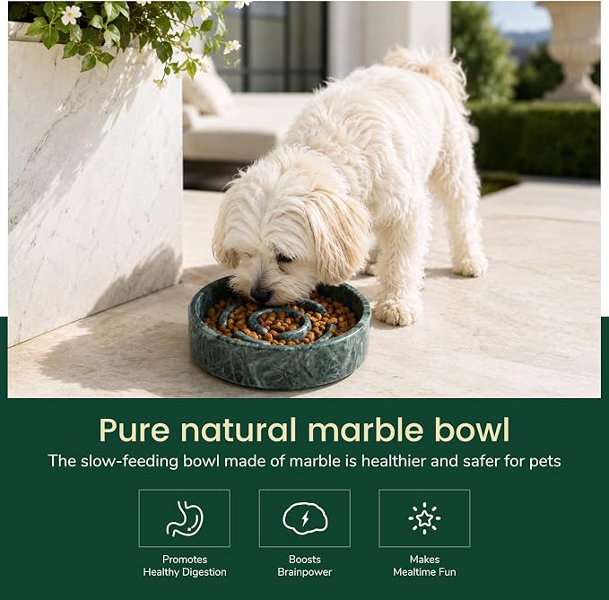 Karibiber Marble Slow Feeder Dog Bowl, Green Puppy Puzzle Dish for Small Dogs Cats, Heavy Non-Slip Stone Dog Food Bowl, Anti-Choke Bloat Stop Maze