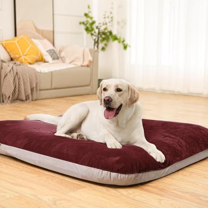 Magic Dog Super Soft Extra Large Dog Bed, 47 Inches Jumbo Orthopedic Foam Pet Beds with Anti Slip Bottom, Dog Sleeping Mattress with Removable and Washable Cover, Burgundy XL