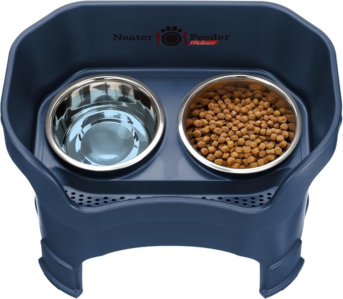 Neater Feeder Deluxe Mess-Proof Elevated Dog Bowls for Large Dogs (40+ lbs), 2 Height Adjustable (14.5” & 17.5”) No-Spill Raised Dog Bowl Stand, Stainless Steel Food Bowl Set, Made in USA, Dark Blue
