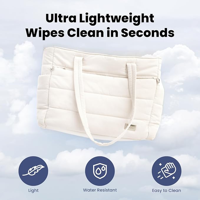 Puffer Dog Travel Bag for Dog Moms, Diaper Bag with Travel Bowls | 2 BPA-Free Collapsible Bowls, 2 Pet Food Containers, 9 Pockets, Everyday Puffer Bag Works With or Without Your Dog, Beige