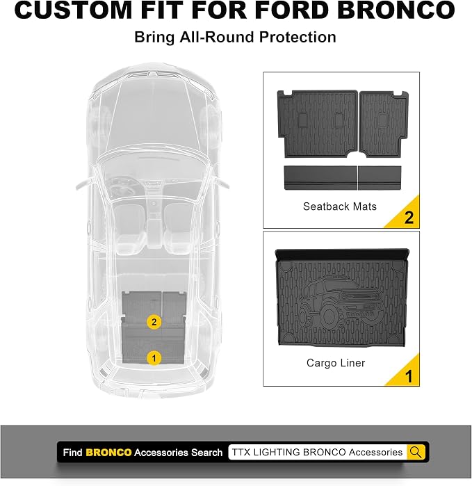 TTX LIGHTING Bronco 4-Door Cargo Liner - Custom Fit Trunk Mats for Ford Bronco 2021-2026 4 Door Cargo Mat All Weather Cargo Tray Black