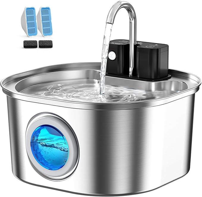 Voluas Stainless Steel Cat Water Fountain, Wireless, 108oz/3.2L, 2 Filter | Cordless Design, Ultra-Quiet Pump, Easy to Clean, BPA-Free