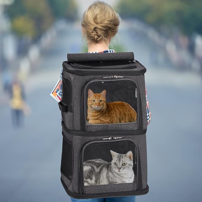 2-in-1 Double Pet Carrier Backpack for Small Cats & Dogs, Black | Portable Pet Travel Carrier with Super Ventilated Design, Ideal for Hiking, Camping and Outdoor Adventures