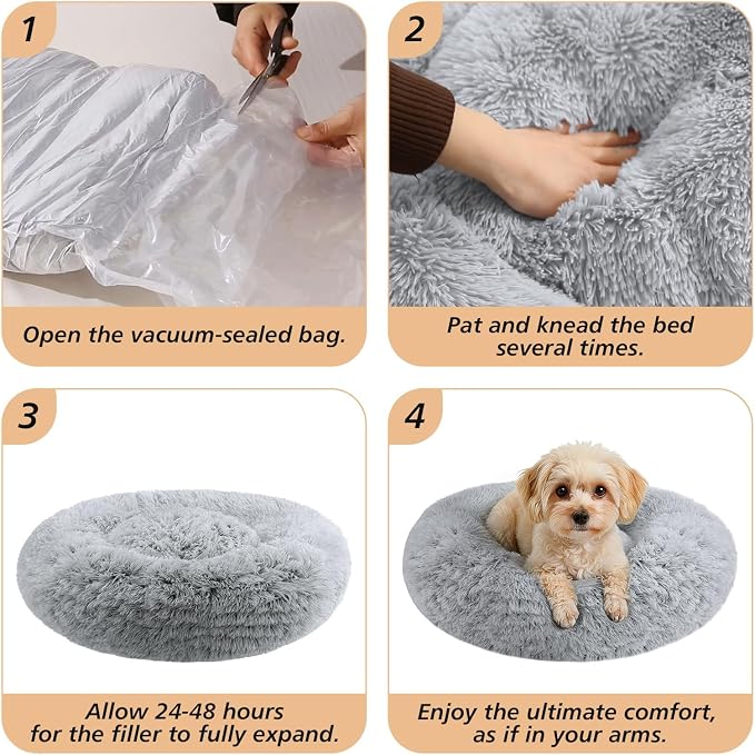JOLLYVOGUE Calming Dog Bed Medium Size Dog, Anti-Anxiety Donut Medium Pet Bed, 27 inches Fluffy Faux Fur Round Cat Bed (Smoke Grey)