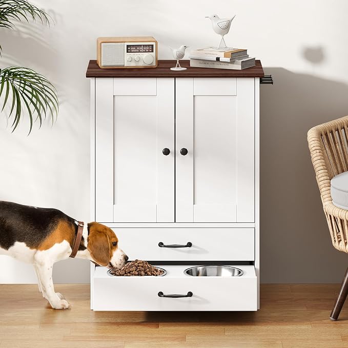 Rovibek Dog Feeding Station with Storage Cabinet - Elevated Dog Bowls with Storage Drawers, Pet Storage Cabinet with Leash Hooks, Pet Organizers for Food & Supplies