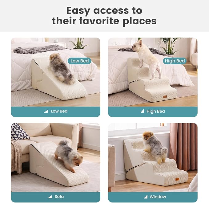 Gardner Pet Dog Stairs for Small Dogs 22" H, 2 in 1 Transformable 4-Step Pet Stairs and Dog Ramp for Couch Bed (23-27 in), Adjustable Pet Steps Beige