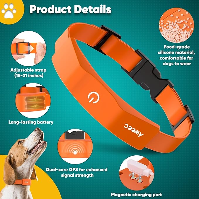 GPS Electric Dog Fence with Free App, Wireless Fence System with Training Collar, Portable for Outdoor Use, Rechargeable Waterproof Flexiable Collar, Adjustable of Dogs (Orange)
