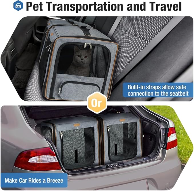 Lekereise Extra Large Cat Carrier for 2 Cats, 2-in-1 Cat Travel Carrier with Litter Box, (20.85" x2) x19.7"x19.7" Pet Carrier with Zipper Locks for Moving Across The Country (No Hammock) - Grey