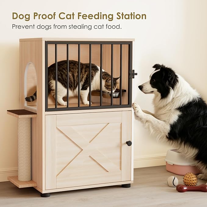 Dog Proof Cat Feeding Station, Dog Proof Cat Feeder, Cat Food Table,Nature | Cat Feeding Station with Scratching Post, Elevated Cat Food Bowls with Stand, Pet Food Storage Cabinet, Cat House Furniture