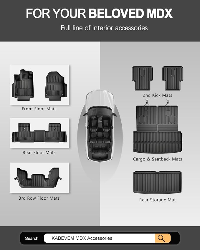 Original 2022-2026 MDX Floor Mats & Cargo Liner & Backrest Mat Full Sets for Acura MDX - Custom Fit TPE Floor Liners & Cargo Mat & Backrest Mat - All Weather Odorless Car Mats for MDX 2022-2025 2026