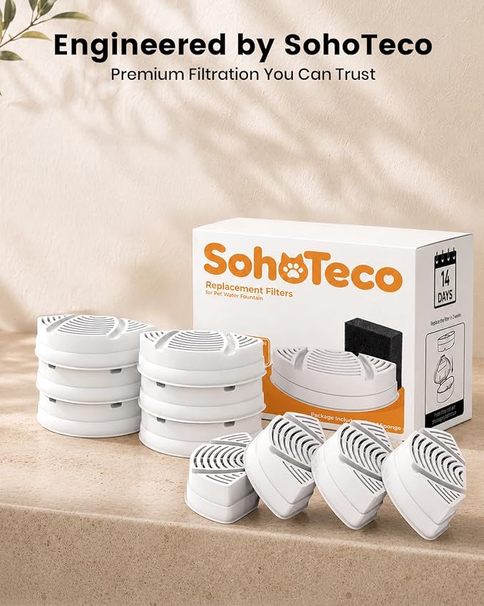 Official Replacement Filters for Pet Water Fountain | 15 Pack Replacement Filters - Self-Designed Filtration System - Easy Filter Changes - Compatible with SohoTeco Fountains