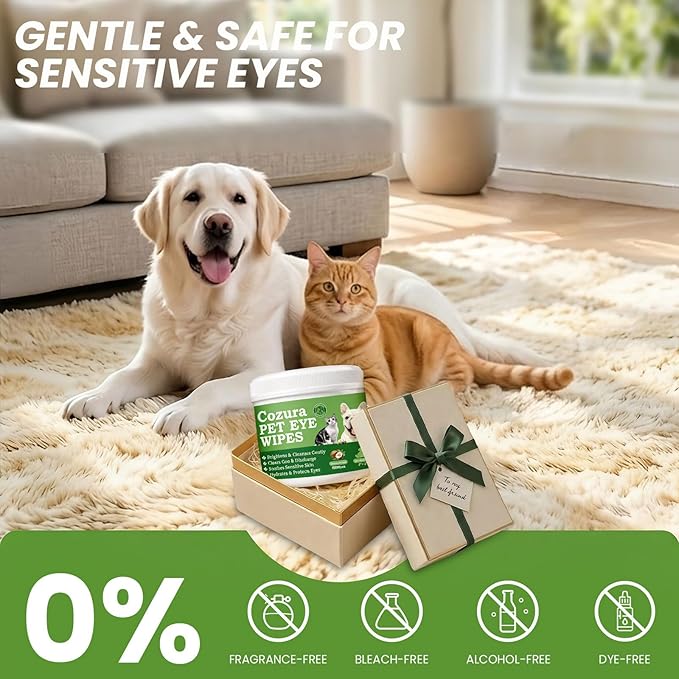 Dog Eye Wipes Tear Stain Remover for Dogs & Cats, Gentle Pet Eye Cleaner Pads to Remove Discharge, Crust & Boogers, Natural Grooming Supplies for Puppy, Kitten - 100ct, Coconut Scent