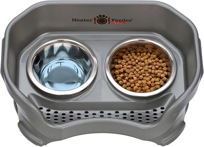 Neater Pet Brands Neater Feeder Deluxe Mess Proof Cat Bowls Elevated, Made in USA, No Spill Raised Bowls for Indoor Cats, Stainless Steel Food and Water Bowl Set, Pet Dish Feeding Station, Gunmetal