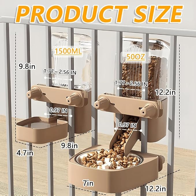 2-Pack Cage-Style Large Capacity Hanging Automatic Pet Feeder & Water Dispenser 50oz/1500ml,for Cages 0.98" Max Inner,1.77"-2.56" Outer,for Small/Medium Dogs, Cats, Rabbits & Guinea Pigs