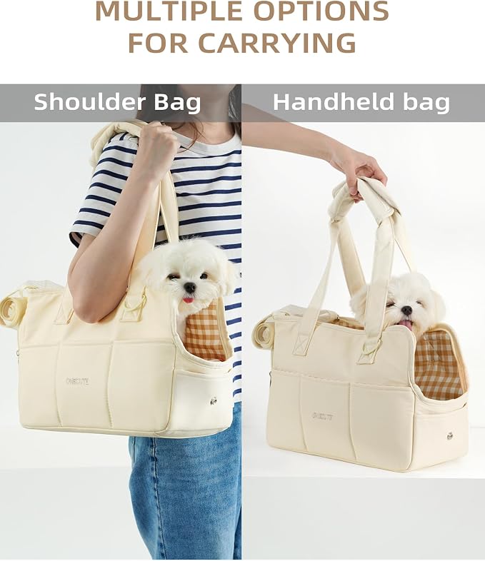 ONECUTE Dog Purse Carrier for Small Dogs Rabbit cat with Large Pockets, Cotton Bag, Dog Carrier Soft Sided, Collapsible Travel Puppy Carrier (Beige, 13.6" L x 6.5" W x 10" H)