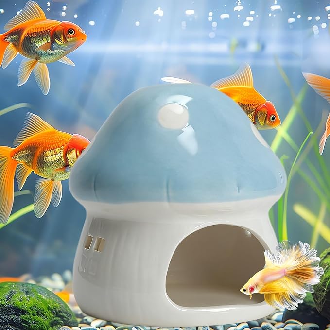 AnRui Ceramic Mushroom Aquarium Decor Cute Mini House Betta Fish Tank Accessories Decoration Hideaway Hideout Cave Ornament for Small Fish, Shrimp, Goldfish and Reptiles (Blue, Large)