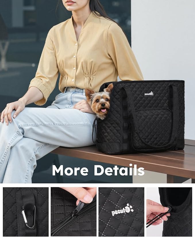 Pecute Dog Purse Carrier, Dog Carrier with Pockets for Small Dogs, Fits Dogs 5 lbs to 9 lbs, Cat and Puppies Tote Bag, Outing, Travel, Vet, Black | Breathable,Foldable,Large Pocket,Built-in safety Rope,Machine washable,Under 9 Lbs