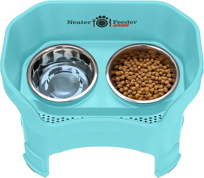 Neater Feeder Deluxe Mess-Proof Elevated Dog Bowls for Large Dogs (40+ lbs), 2 Height Adjustable (14.5” & 17.5”) No-Spill Raised Dog Bowl Stand, Stainless Steel Food Bowl Set, Made in USA, Aquamarine