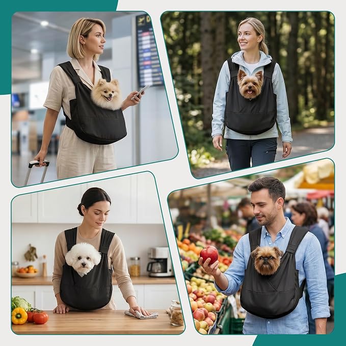 Dog Sling Carrier Front with Thicken Bottom Support for Small Dogs 5-12 lb | Adjustable, Hands Free, Comfortable Wearable, Lightweight, Vet Visits, Anxiety, Travel, Hiking, Safety Clip Black