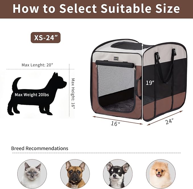 Dog Kennels and Crates for Medium Dogs, Portable Pop Up Indoor Pet Cage with Sturdy Wire Frame, Collapsible Travel Crate Soft Sided Cat Bag Escape Proof (Brown, 24.0" L x 16.0" W x 19.0" H)