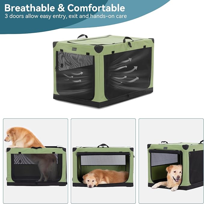 PETSFIT 36" Soft Portable Dog Crate – Patented Spiral Sturdy Frame, Collapsible Travel Kennel for Medium & Large Dogs, 3 Mesh Door, Lockable Zippers, Indoor & Car Use Green