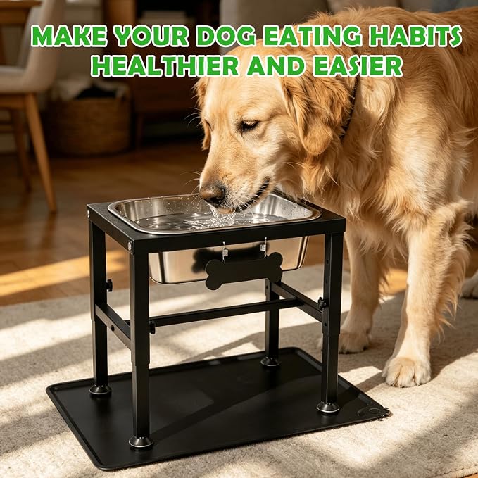2 Gallon Elevated Dog Water Bowl for Large Dogs with Spill-Proof Mat, 4-Height Adjustable Raised Dog Water Bowl Stand (9.4-14.2'') with Stainless Steel Bowls for Indoor/Outdoor