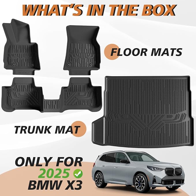 TripleAliners Floor Mats & Trunk Mat All Weather Liners Compatible with 2025 2026 BMW X3 Accessories TPE Cargo Custom Fit Anti-Slip Odorless Full Set Liners Protection(Floor Mats & Trunk Mat)