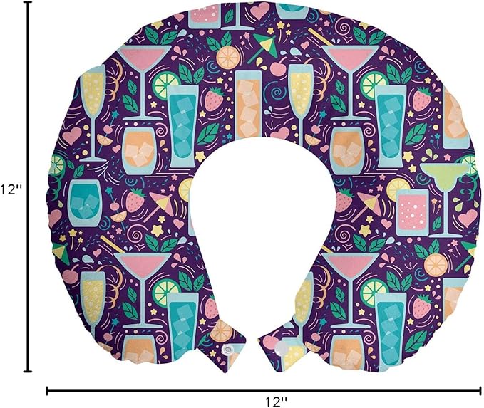 Ambesonne Celebration Travel Pillow Neck Rest, Cocktail Glasses Champagne Wine Party Margarita Fruits Hearts Alcoholic, Memory Foam Traveling Accessory for Airplane and Car, 12", Teal