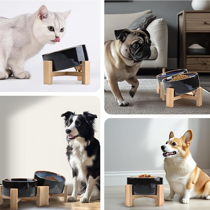 SPUNKYJUNKY 15° Slanted Ceramic Dog and Cat Bowl with Wooden Stand, Tilted Bulldog Food and Water Bowl No Slip Non-Spill for Cats Medium Dogs Big Face Pets 28.7 OZ (3.6 Cups, Starry Blue)