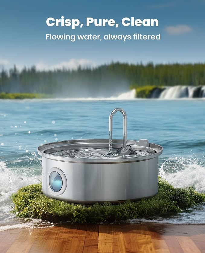 Oneisall Dog Water Fountain PWF002 with 1Filters | 304 Stainless Steel, Visual Water Level, 25dB Ultra-Quiet, 5-Stage Filtration, Dishwasher-Safe,Living Room Kitchen for Dog