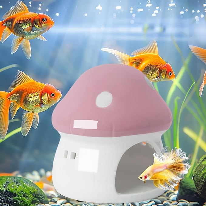 AnRui Ceramic Mushroom Aquarium Decor Cute Mini House Betta Fish Tank Accessories Decoration Hideaway Hideout Cave Ornament for Small Fish, Shrimp, Goldfish and Reptiles (Pink, Large)