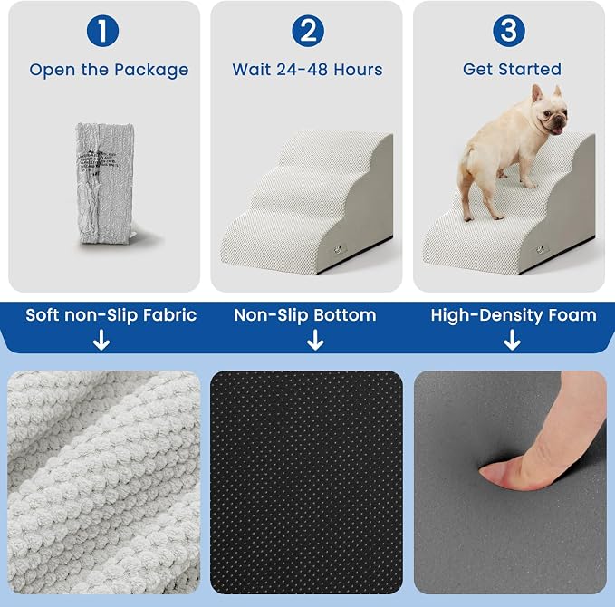 Dog Stairs for Small Dogs & Cats,3 Steps Non-Slip Pet Ramp for Couch,15.7"H | Airpanda Pet Stairs with Washable Cover & High-Density Foam,Gentle Curved,Ideal for Senior & Short-Legged Dogs,Light Grey
