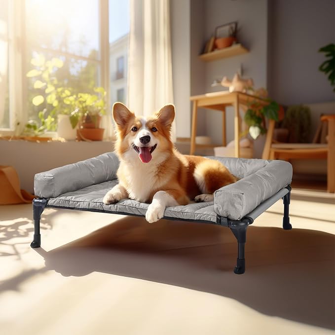 Veehoo Outdoor Elevated Dog Bed with Waterproof Bolster Cushion, Cooling | Raised Dog Bed with Removable & Washable Mat Topper, Breathable Mesh, Dog Couch Cot for Indoor Outdoor, 32", Medium, Grey