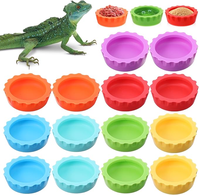 Reusable Small Reptile Food Dish, Crested Gecko Food and Water Feeding Cups, Easy Clean Silicone Small Capacity Worm Bowl, Gecko Tank Accessories (14 Pack, 7 Colors)