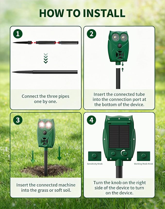 2 Pack Solar Ultrasonic Animal Repeller with Motion Sensor, Deer Repellent Devices with LED Light, Waterproof Cat Repellent Outdoor, Dog Deterrent for Yard Garden to Repel Raccoon, Squirrel, Fox