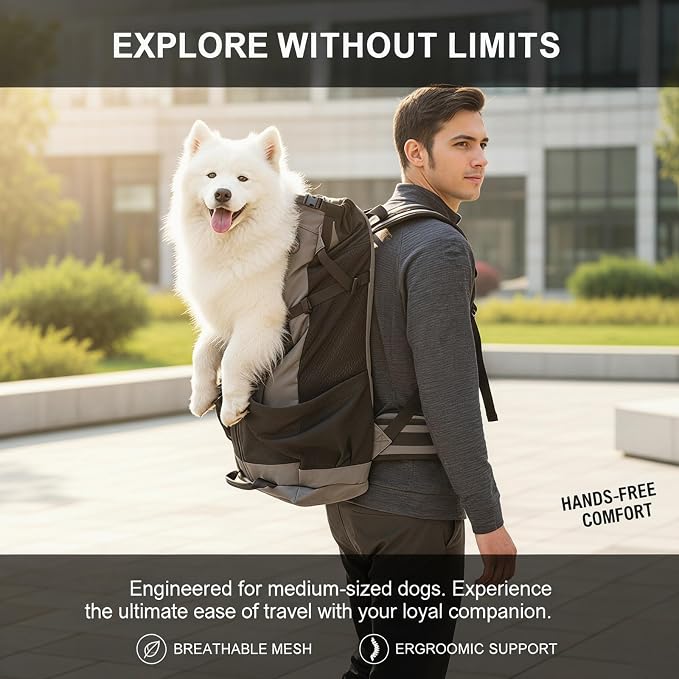 Big Dog Backpack Carrier, Dark Gray | Extra Large Pet Carrier for 66lbs Dogs, Fully Adjustable Water-Resistant Dog Travel Bag for Hiking Cycling Outdoor Adventures