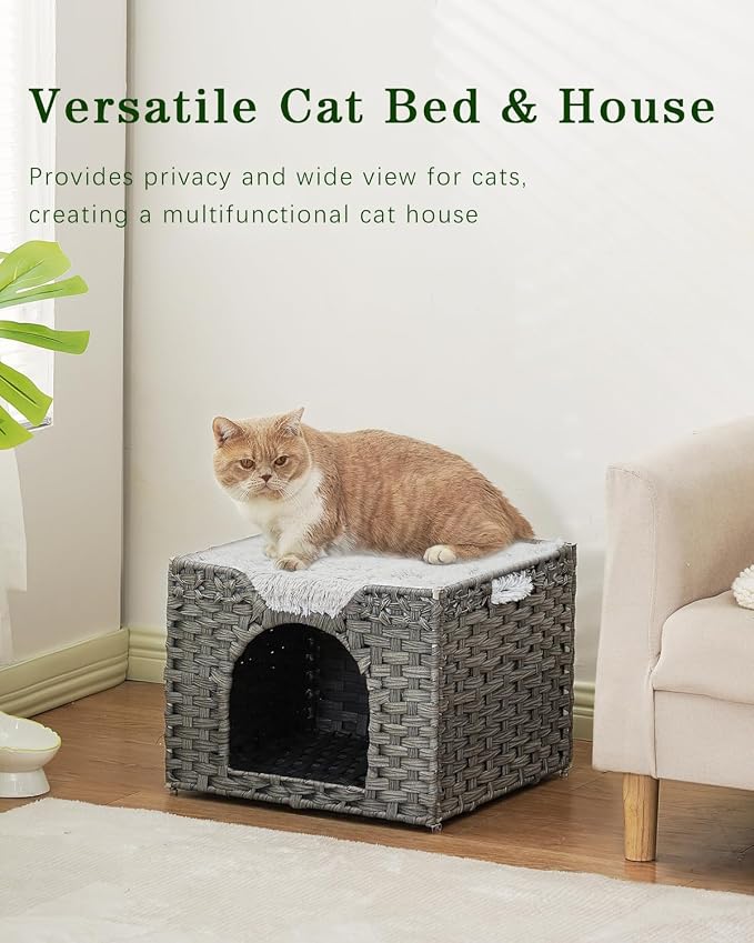 SETVSON Cat Beds Indoor Kitten House, Handwoven Rattan PE Cat Cave, Gray | 2-in-1 Kitty Condo with Top Perch & Bottom Cave, Furry Canvas Dual Cushion, 2 S-Hooks, Steel Frame, 16.5x16.5x13.2 In