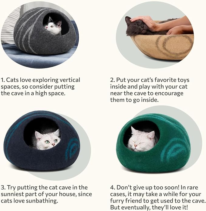 Cat Cave – Premium Felt Cat Bed Enclosure for Indoor Cats, Handmade Merino Wool (Beige, Large)