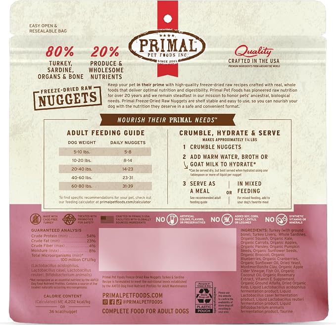 Primal Freeze Dried Raw Dog Food Nuggets, Turkey & Sardine, Complete & Balanced Meal, Also Use as Topper or Treat, Premium, Healthy, Grain Free, High Protein Raw Dog Food, 5.5 oz