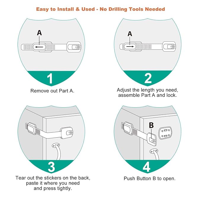 Vmaisi Baby Proofing Cabinet Locks - Childproofing Adjustable Multi Use Straps Latches for Drawers, Fridge, Dishwasher, Toilet Seat, Cupboard, Closet, Oven,Trash Can, Adhesive No Drilling (White) (20)